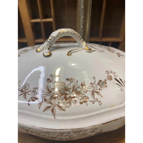 Antique White Porcelain Ironstone Meakin WM Co Tureen With Lid Floral Gold & Gre - Picture 2 of 9